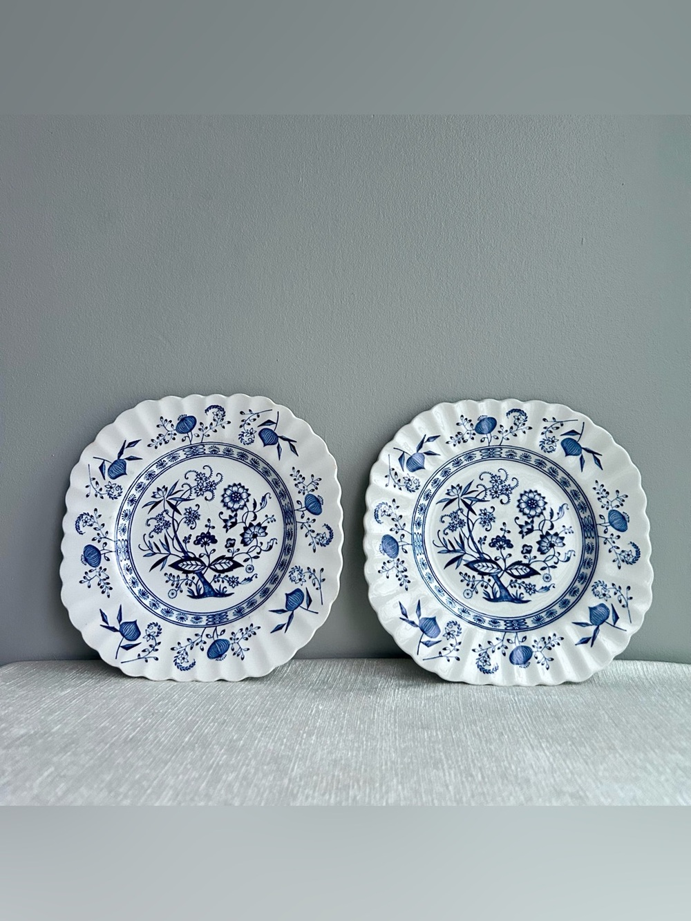 (2) vintage ironstone 7” plates blue notice design by J & G Meakin england